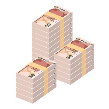 Türk Lira Vektör İllüstrasyonu. Hindi parası demet banknotlar hazırladı. Kağıt para 50 deneme. Düz stil. Beyaz arka planda izole edilmiş. Basit minimal tasarım.