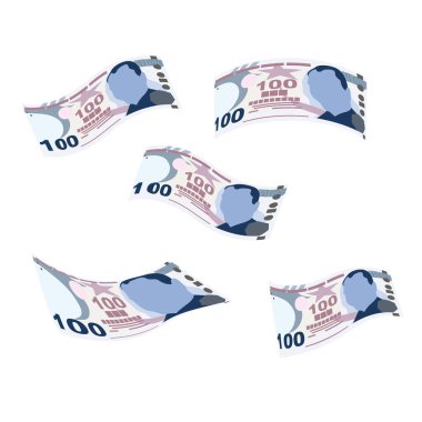 Turkish Lira Vector Illustration. Turkey money set bundle banknotes. Falling, flying money 100 TRY. Flat style. Isolated on white background. Simple minimal design.