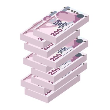 Türk Lira Vektör İllüstrasyonu. Hindi parası demet banknotlar hazırladı. Kağıt para 200 deneme. Düz stil. Beyaz arka planda izole edilmiş. Basit minimal tasarım.