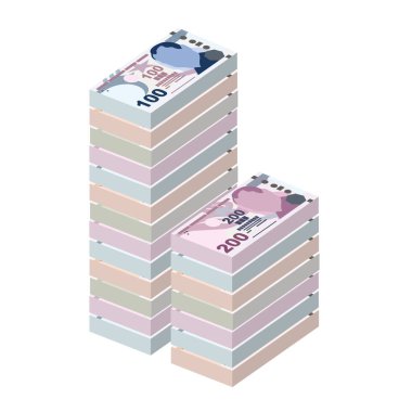 Turkish Lira Vector Illustration. Turkey money set bundle banknotes. Paper money 200, 100, 50, 20 TRY. Flat style. Isolated on white background. Simple minimal design.