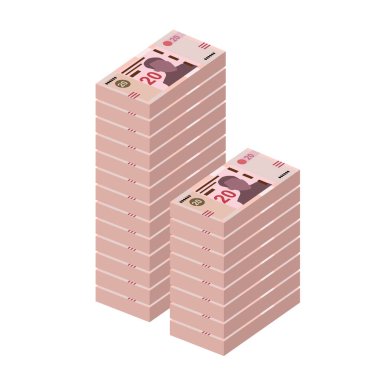 Tunus Dinar Vektör İllüstrasyonu. Tunus parası tomarla para ayarladı. Kağıt para 20 TND. Düz stil. Beyaz arka planda izole edilmiş. Basit minimal tasarım.