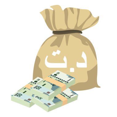 Tunisian Dinar Vector Illustration. Tunisia money set bundle banknotes. Money bag 50 TND. Flat style. Isolated on white background. Simple minimal design.