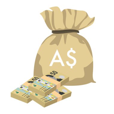 Australian Dollar Vector Illustration. Australia money set bundle banknotes. Money bag 50 AUD. Flat style. Isolated on white background. Simple minimal design.