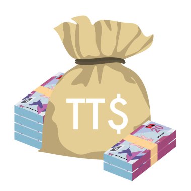Trinidad and Tobago dollar Vector Illustration. Trinidad and Tobago money set bundle banknotes. Money bag 20 TTD. Flat style. Isolated on white background. Simple minimal design.