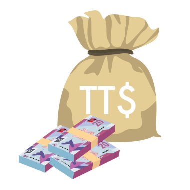 Trinidad and Tobago dollar Vector Illustration. Trinidad and Tobago money set bundle banknotes. Money bag 20 TTD. Flat style. Isolated on white background. Simple minimal design.