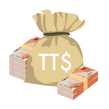 Trinidad and Tobago dollar Vector Illustration. Trinidad and Tobago money set bundle banknotes. Money bag 50 TTD. Flat style. Isolated on white background. Simple minimal design.
