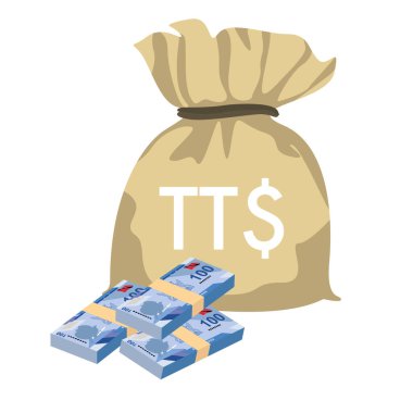 Trinidad and Tobago dollar Vector Illustration. Trinidad and Tobago money set bundle banknotes. Money bag 100 TTD. Flat style. Isolated on white background. Simple minimal design.