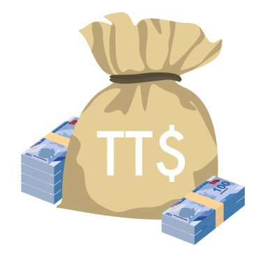 Trinidad and Tobago dollar Vector Illustration. Trinidad and Tobago money set bundle banknotes. Money bag 100 TTD. Flat style. Isolated on white background. Simple minimal design.
