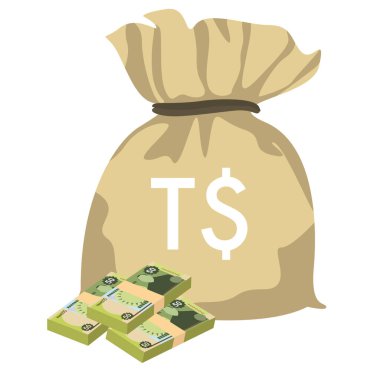 Tongan paanga Vector Illustration. Tonga paanga money set bundle banknotes. Money bag 50 TOP. Flat style. Isolated on white background. Simple minimal design.