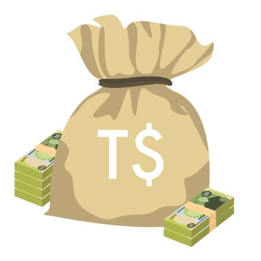 Tongan paanga Vector Illustration. Tonga paanga money set bundle banknotes. Money bag 50 TOP. Flat style. Isolated on white background. Simple minimal design.