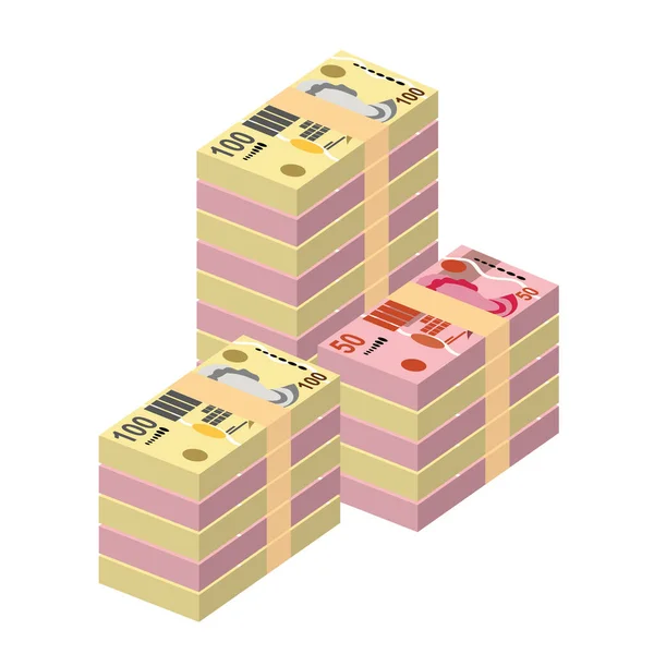 Fiji Dollar Vector Illustration Fiji Money Set Bundle Banknotes Paper — Stockvector