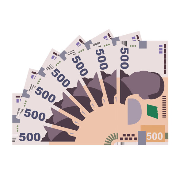 Украинская гривневая векторная иллюстрация. Украинские деньги накладывают связки банкнот. Бумажные деньги 500 грн. Плоский стиль. Изолированный на белом фоне. Простой минимальный дизайн.
