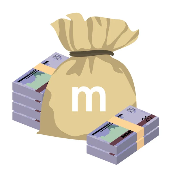 Turkmenistan New Manat Vector Illustration Turkmen Money Set Bundle Banknotes — Vetor de Stock