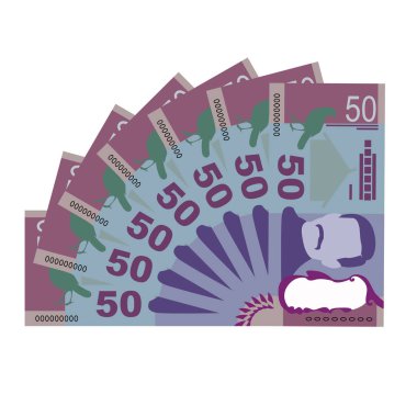 Yeni Zelanda Doları Vektör İllüstrasyonu. Yeni Zelanda parası tomarla banknot hazırladı. Kağıt para 50 NZD. Düz stil. Beyaz arka planda izole edilmiş. Basit minimal tasarım.