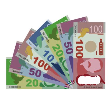 New Zealand Dollar Vector Illustration. New Zealand money set bundle banknotes. Paper money 10, 20, 50, 100 NZD. Flat style. Isolated on white background. Simple minimal design.