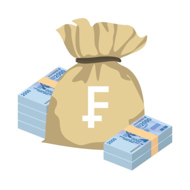 CFA Franc BCEAO Vector Illustration. West African Frank money set bundle banknotes. Money bag 2000 Fr. Flat style. Isolated on white background. Simple minimal design.