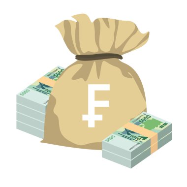 CFA Franc BCEAO Vector Illustration. West African Frank money set bundle banknotes. Money bag 5000 Fr. Flat style. Isolated on white background. Simple minimal design.