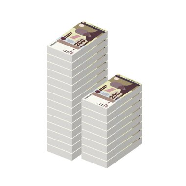 Tajik Somoni Vector Illustration. Huge packs of Tajikistan money set bundle banknotes. Paper money 200 TJS. Flat style. Isolated on white background. Simple minimal design.
