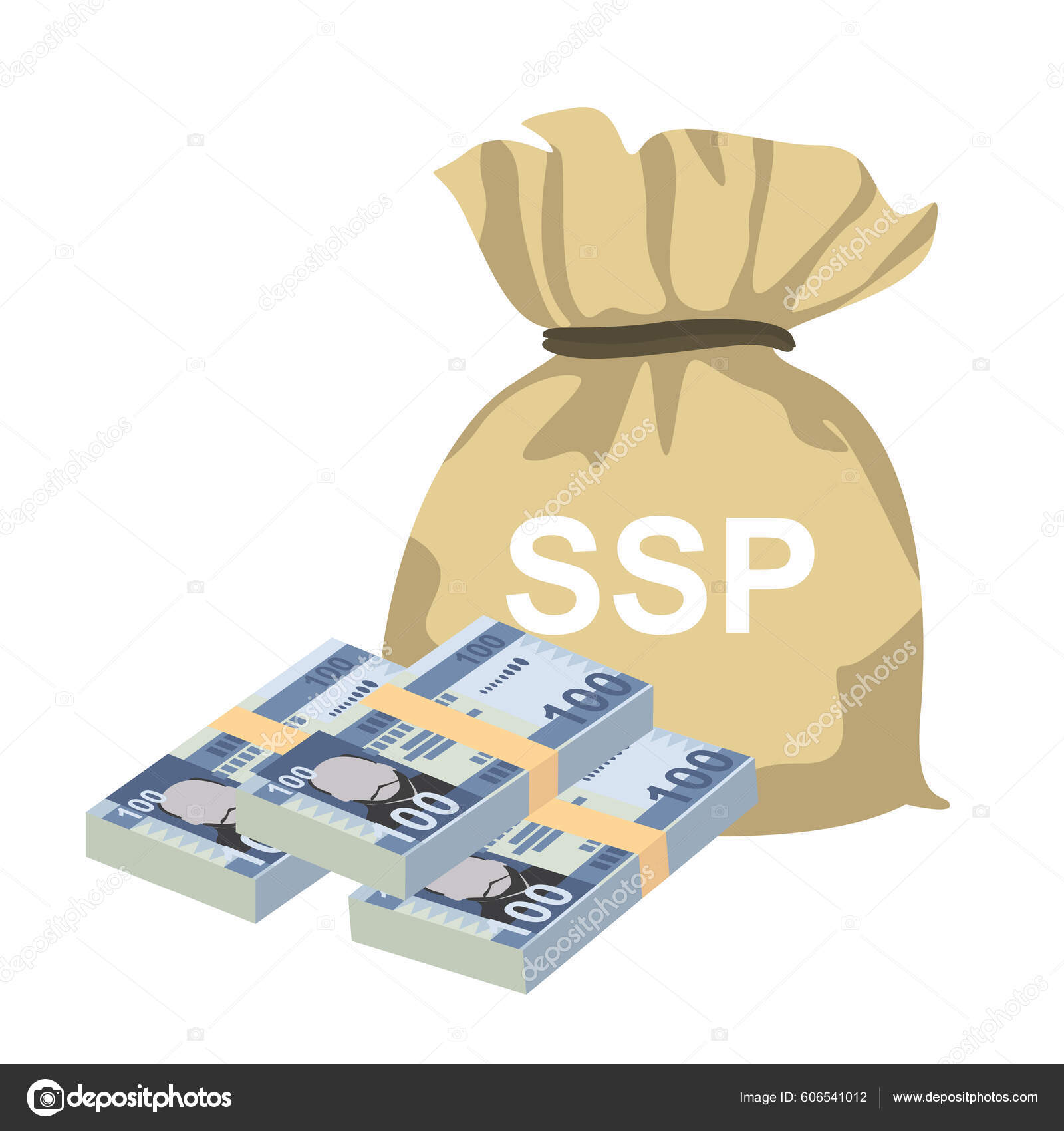 南苏丹英镑矢量图解南苏丹货币组合捆扎钞票钱袋100迪巴平淡的风格被白色背景隔离最简单的设计图库矢量图©Zhuna 606541012