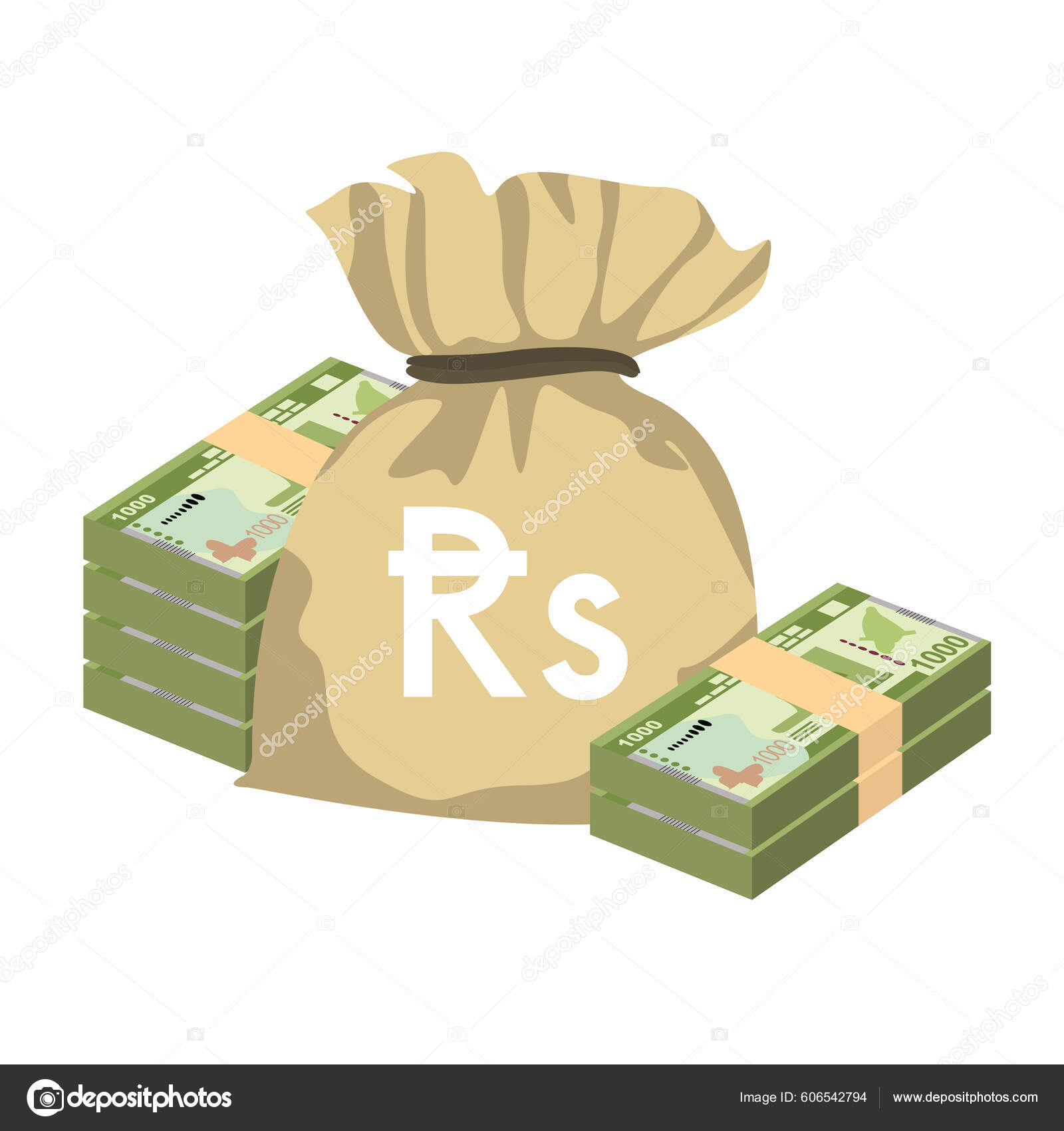 斯里兰卡Rupee Vector Illustration 斯里兰卡货币组合捆扎钞票钱袋1000卢比平淡的风格被白色背景隔离最简单的设计图库矢量图©Zhuna  606542794