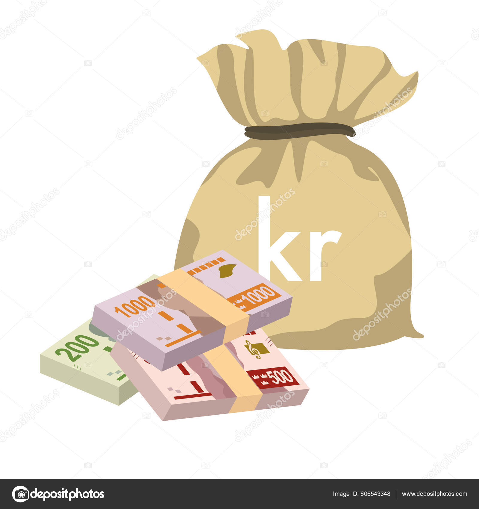 瑞典语Krona矢量图解瑞典货币组合捆扎钞票钱袋200 500 1000 平淡的风格被白色背景隔离最简单的设计图库矢量图©Zhuna 606543348