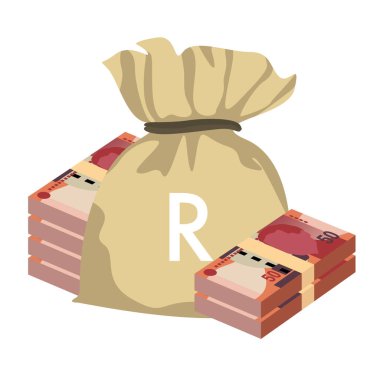 Güney Afrika Rand Vector Illustration. Afrika parası demet banknotlar hazırladı. Para çantası 50 Db. Düz stil. Beyaz arka planda izole edilmiş. Basit minimal tasarım.