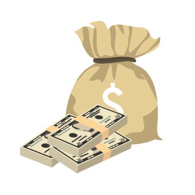 Amerikan Doları Vektör İllüstrasyonu. Amerikan parası demet banknotlar hazırladı. Para çantası 5 dolar. Düz stil. Beyaz arka planda izole edilmiş. Basit minimal tasarım.