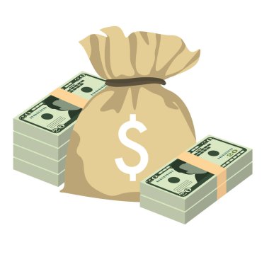 Amerikan Doları Vektör İllüstrasyonu. Amerikan parası demet banknotlar hazırladı. Para çantası 20 dolar. Düz stil. Beyaz arka planda izole edilmiş. Basit minimal tasarım.