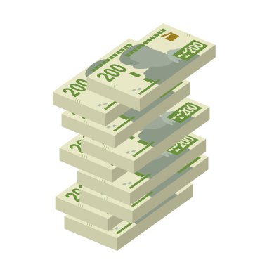 İsveç Krona Vektör İllüstrasyonu. İsveç parası demet banknotlar hazırladı. Kâğıt parası 200 kr. Düz stil. Beyaz arka planda izole edilmiş. Basit minimal tasarım.