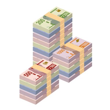 İsveç Krona Vektör İllüstrasyonu. İsveç parası demet banknotlar hazırladı. Kağıt para 100, 200, 500, 1000 kr. Düz stil. Beyaz arka planda izole edilmiş. Basit minimal tasarım.