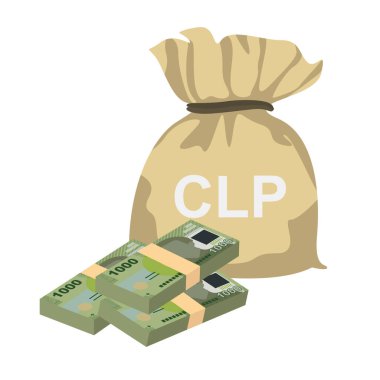 Şili Peso Vektör İllüstrasyonu. Şili parası demet banknotlar hazırladı. Para çantası 1000 CLP. Düz stil. Beyaz arka planda izole edilmiş. Basit minimal tasarım