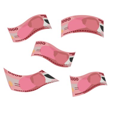 Şili Peso Vektör İllüstrasyonu. Şili parası demet banknotlar hazırladı. Düşen, uçan para 5000 CLP. Düz stil. Beyaz arka planda izole edilmiş. Basit minimal tasarım.