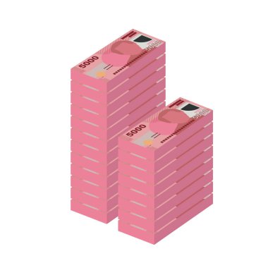 Şili Peso Vektör İllüstrasyonu. Şili parası demet banknotlar hazırladı. Kağıt para 5000 CLP. Düz stil. Beyaz arka planda izole edilmiş. Basit minimal tasarım.