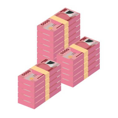 Şili Peso Vektör İllüstrasyonu. Şili parası demet banknotlar hazırladı. Kağıt para 5000 CLP. Düz stil. Beyaz arka planda izole edilmiş. Basit minimal tasarım.