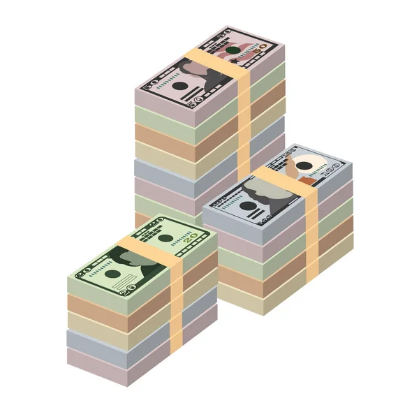 Amerikaanse Dollar Vector Illustratie Verenigde Staten Geld Set Bundel Bankbiljetten — Stockvector