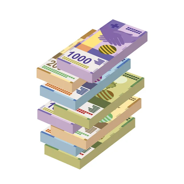 Вектор Швейцарского Франка Швейцария Лихтенштейн Деньги Установить Связку Банкнот Бумажные — стоковый вектор