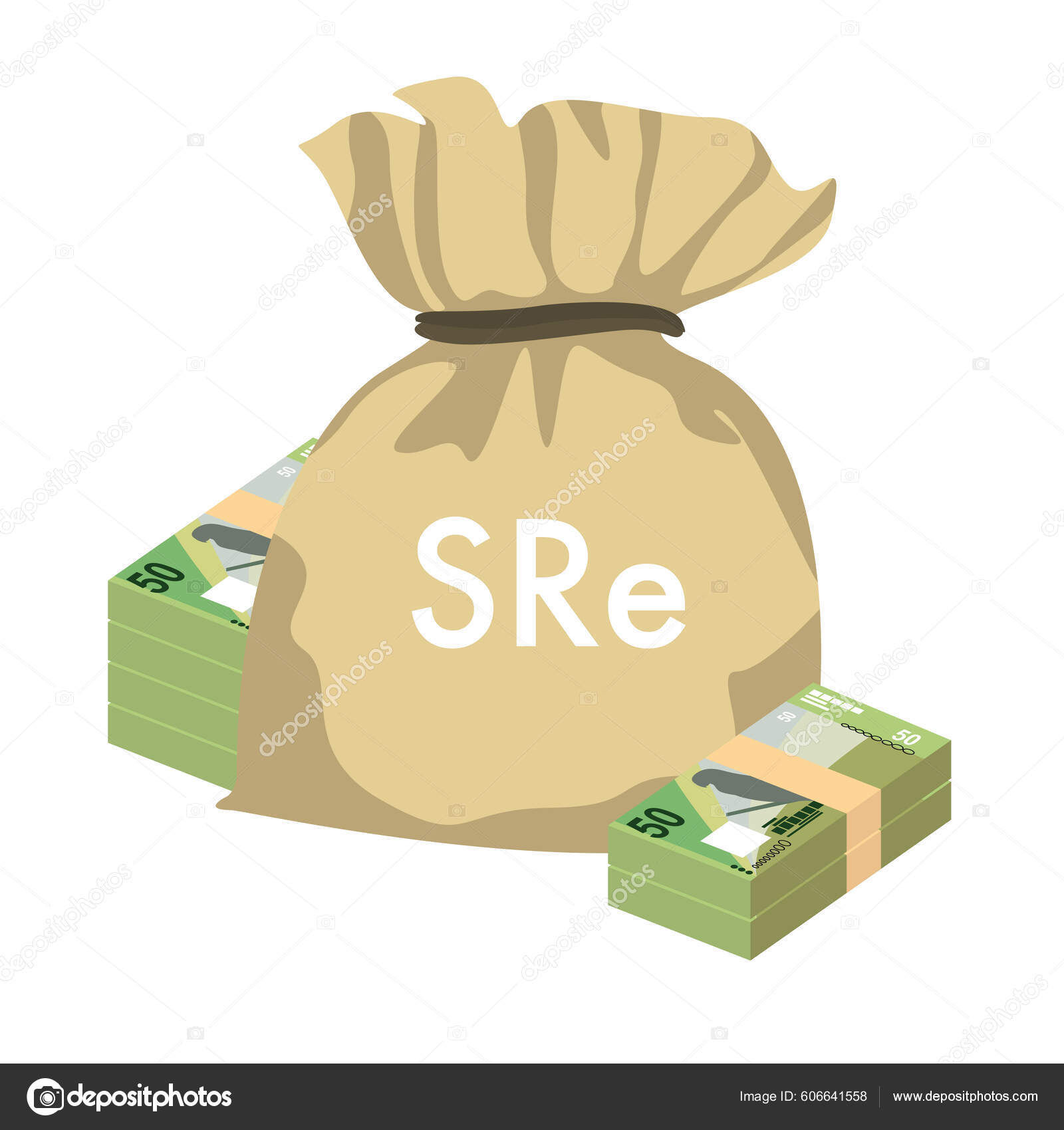 塞舌尔卢比矢量图解塞舌尔的货币包扎钞票钱袋50 Scr 平淡的风格被白色背景隔离最简单的设计图库矢量图©Zhuna 606641558