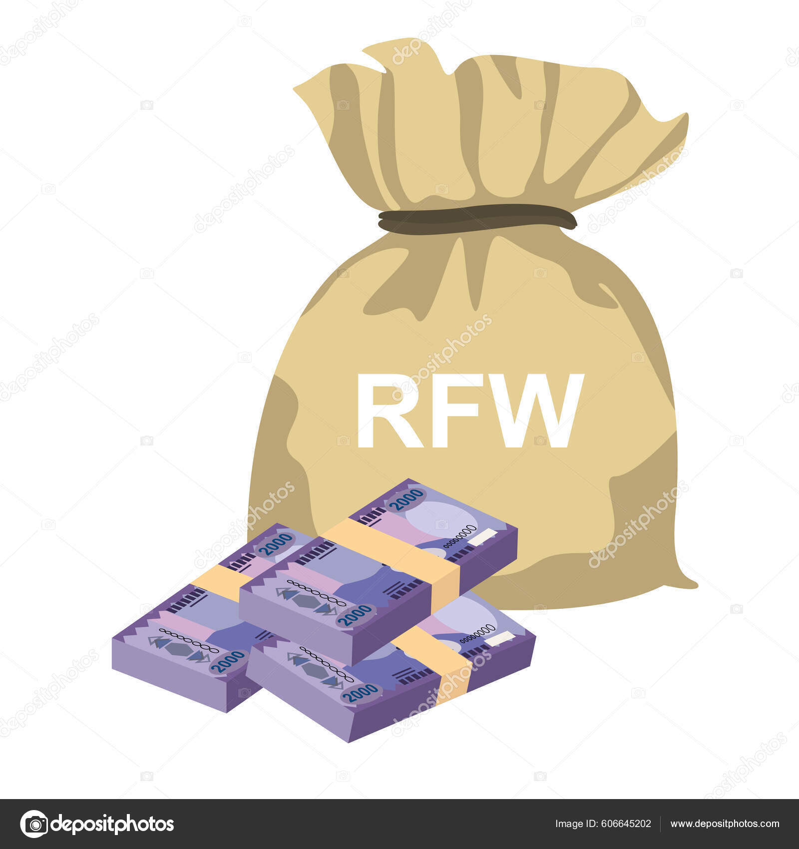 Rwanda Franc Vector Illustration 卢旺达货币套汇成捆钞票钱袋2000 Rwf  平淡的风格被白色背景隔离最简单的设计图库矢量图©Zhuna 606645202