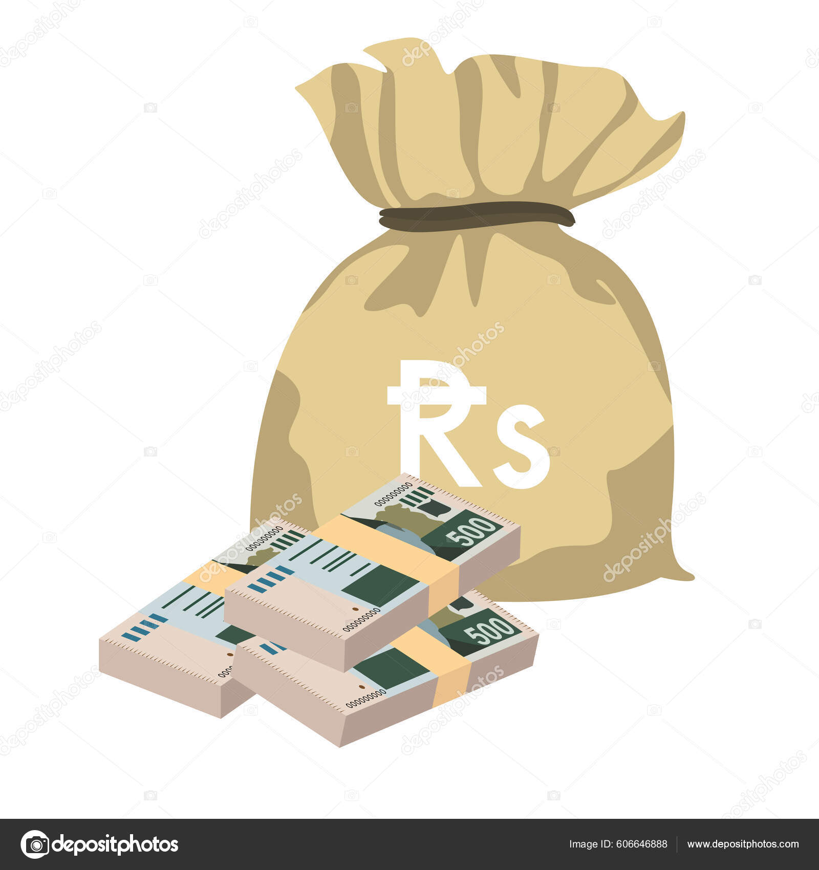 巴基斯坦卢比矢量图解巴基斯坦货币组合捆扎钞票钱袋500 Pkr 平淡的风格被白色背景隔离最简单的设计图库矢量图©Zhuna 606646888