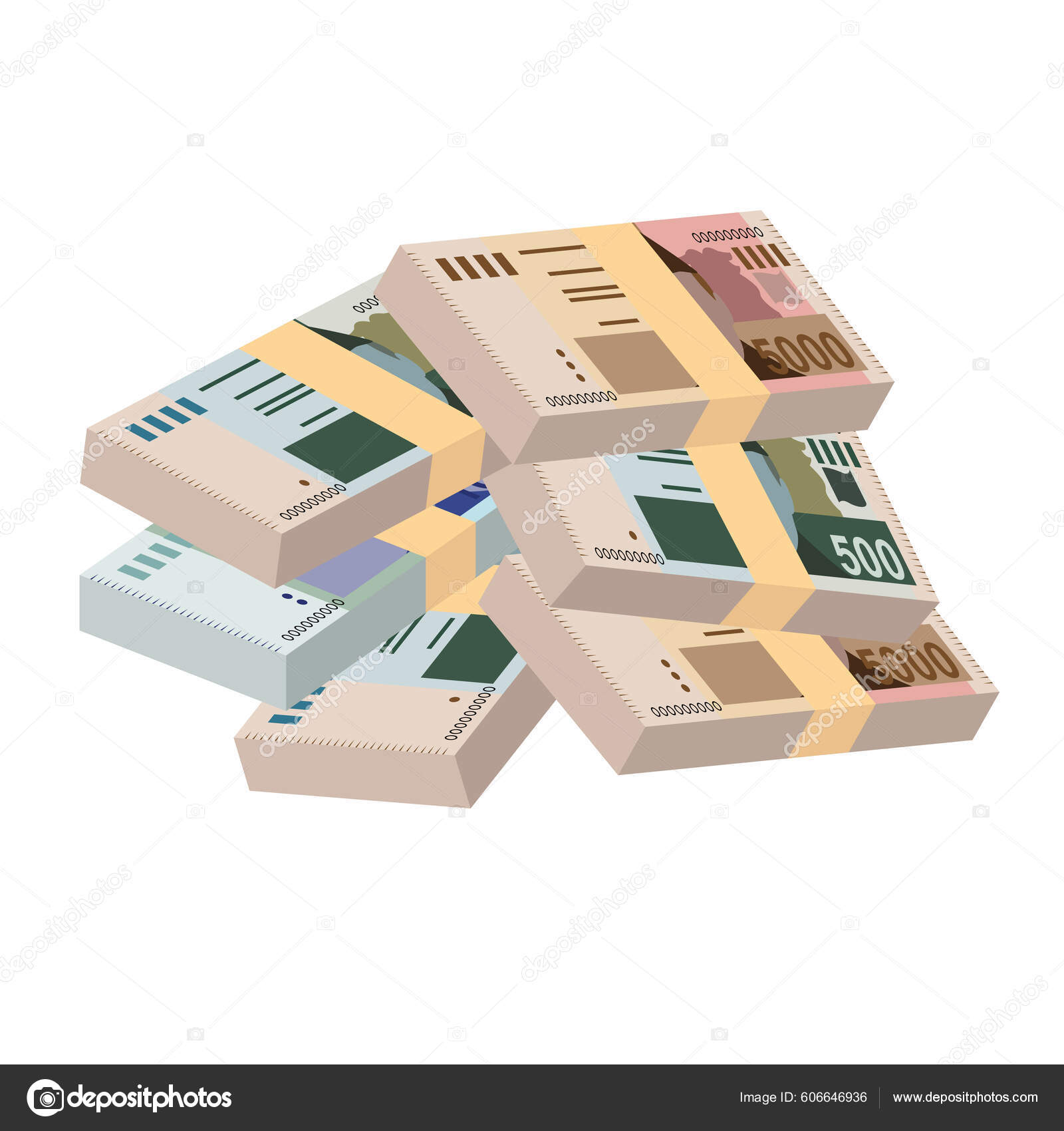 巴基斯坦卢比矢量图解巴基斯坦货币组合捆扎钞票纸币500 1000 5000 Pkr 平淡的风格被白色背景隔离最简单的设计图库矢量图©Zhuna  606646936