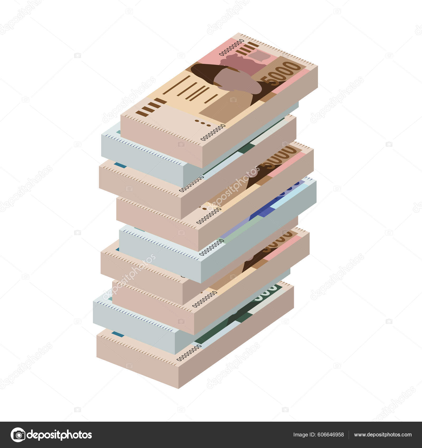 巴基斯坦卢比矢量图解巴基斯坦货币组合捆扎钞票纸币500 1000 5000 Pkr 平淡的风格被白色背景隔离最简单的设计图库矢量图©Zhuna  606646958