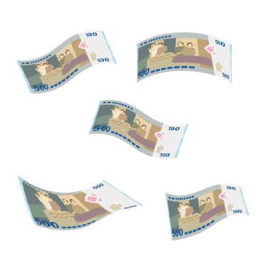 Suriye Pound Vektör İllüstrasyonu. Suriye parası tomarla para biriktirdi. Düşen, uçan para 500 SYP. Düz stil. Beyaz arka planda izole edilmiş. Basit minimal tasarım.