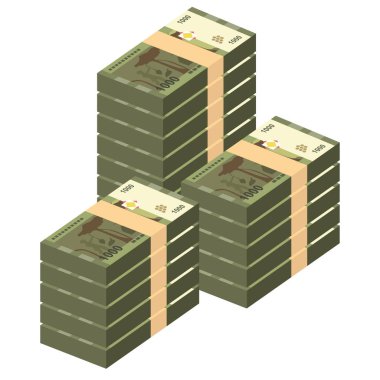 Suriye Pound Vektör İllüstrasyonu. Suriye parası tomarla para biriktirdi. Kağıt para 1000 SYP. Düz stil. Beyaz arka planda izole edilmiş. Basit minimal tasarım.