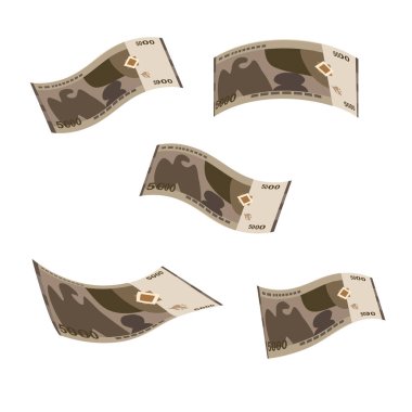 Suriye Pound Vektör İllüstrasyonu. Suriye parası tomarla para biriktirdi. Düşen, uçan para 5000 SYP. Düz stil. Beyaz arka planda izole edilmiş. Basit minimal tasarım.