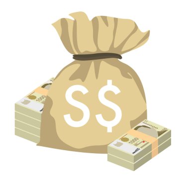 Singapur Doları Vektör İllüstrasyonu. Singapur, Brunei parası, tomarla para. Para çantası 10000 SGD. Düz stil. Beyaz arka planda izole edilmiş. Basit minimal tasarım.