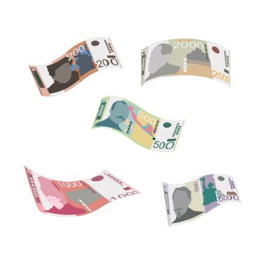 Sırp Dinar Vektör İllüstrasyonu. Sırbistan ve Kosova 'nın parası tomarla banknot hazırladı. Düşen, uçan para 200, 500, 1000, 2000, 5000 RSD. Düz stil. Beyaz arka planda izole edilmiş. Basit minimal tasarım