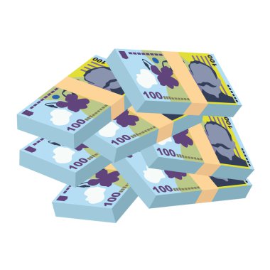 Romen Leu Vektör İllüstrasyonu. Romanya parası tomar tomar banknotlar hazırladı. Kağıt para 100 Ron. Düz stil. Beyaz arka planda izole edilmiş. Basit minimal tasarım.