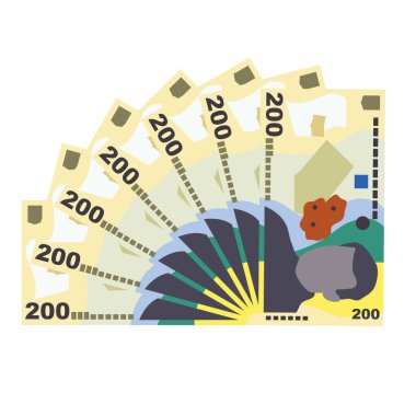 Romen Leu Vektör İllüstrasyonu. Romanya parası tomar tomar banknotlar hazırladı. Kağıt para 200 RON. Düz stil. Beyaz arka planda izole edilmiş. Basit minimal tasarım.