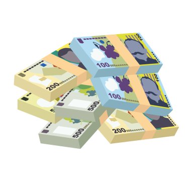 Romen Leu Vektör İllüstrasyonu. Romanya parası tomar tomar banknotlar hazırladı. Kağıt para 50, 100, 200, 500 Ron. Düz stil. Beyaz arka planda izole edilmiş. Basit minimal tasarım.