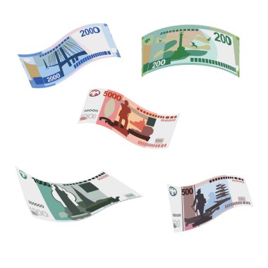 Rus Ruble Vektör İllüstrasyonu. Rusya 'nın parası tomar tomar banknotlar oluşturdu. Düşen, uçan para 200, 500, 1000, 2000, 5000 rub. Düz stil. Beyaz arka planda izole edilmiş. Basit minimal tasarım.
